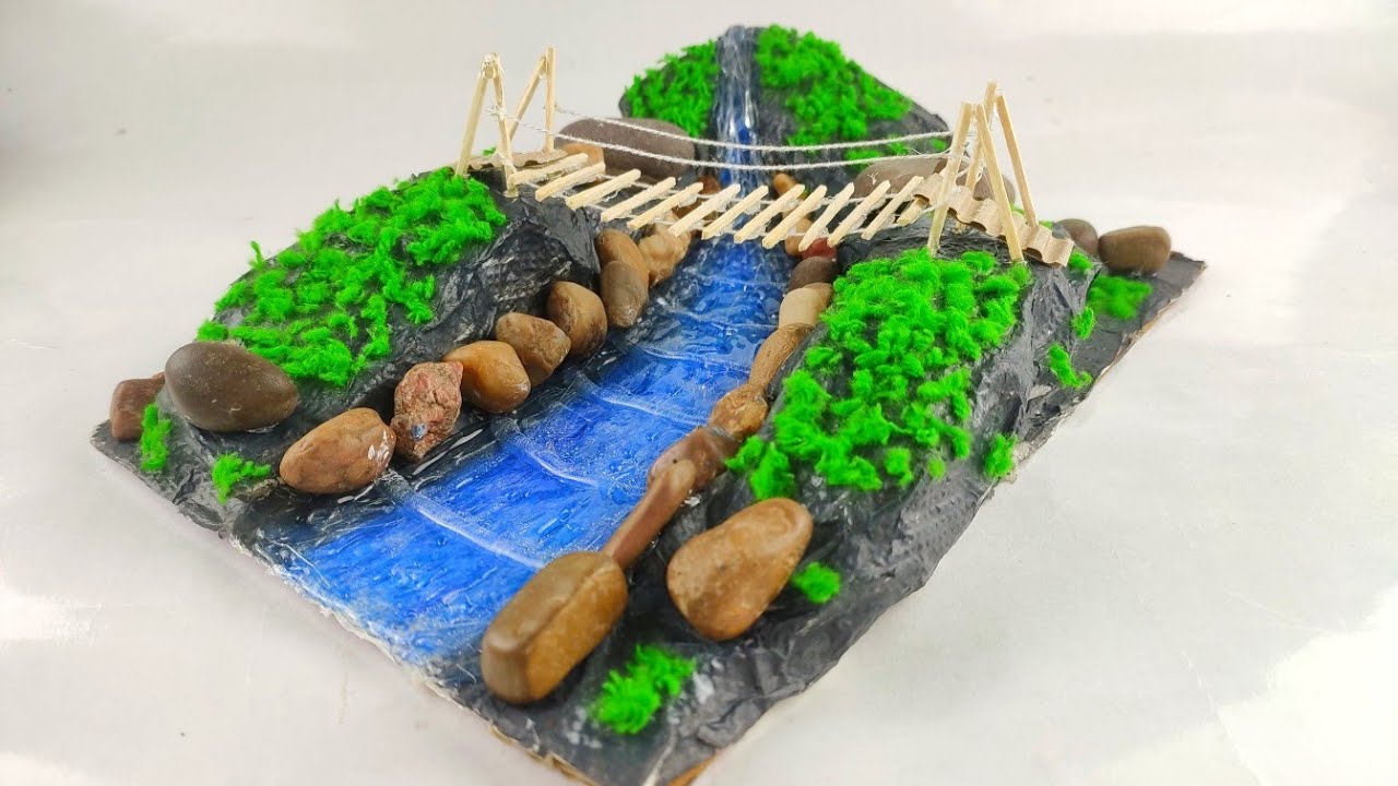 Bridge on waterfall from hot glue gun and cardboard || Showpiece for home decoration