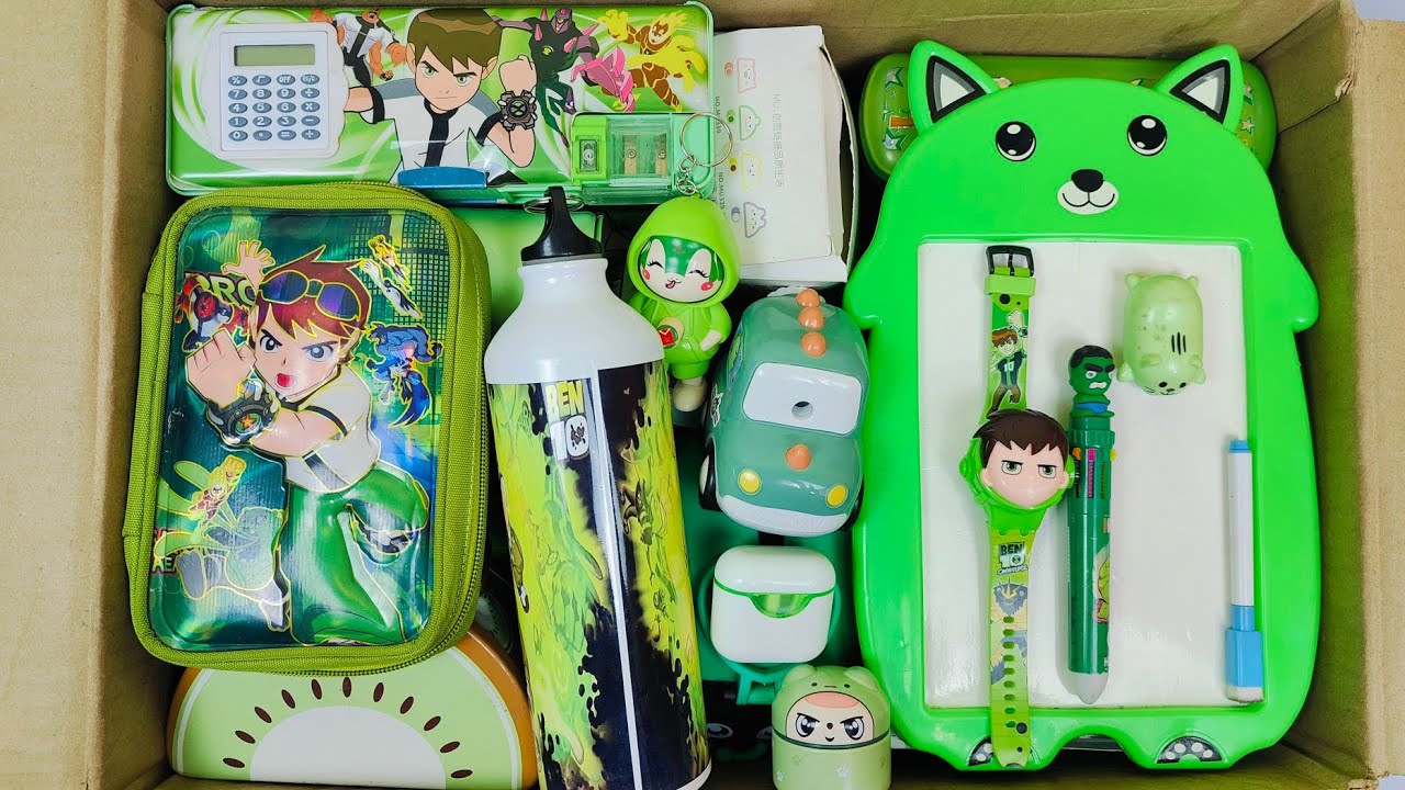Unboxing Satisfying Green Stationery📚 Writing Board, Geometry Box, Pouch, Water Bottle, PiggyBank