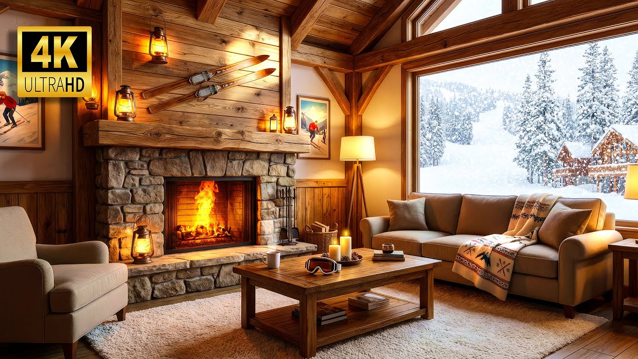 Bright Winter Day at Ski Lodge ☀️ Heavy Snow & Fireplace [7 Hours]