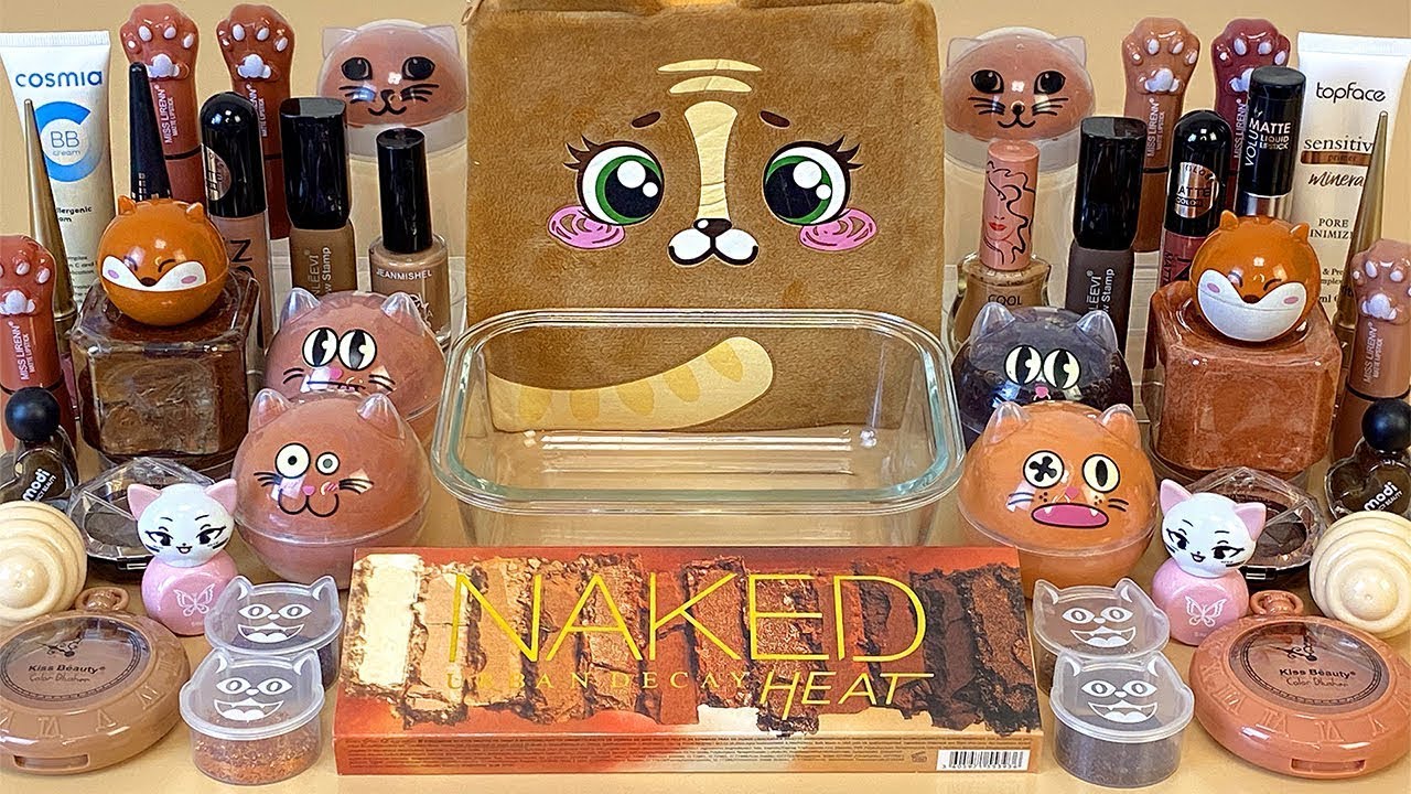 Brown CAT SLIME 🤎😻 Mixing makeup and glitter into Clear Slime. ASMR Satisfying Slime Videos 1080p
