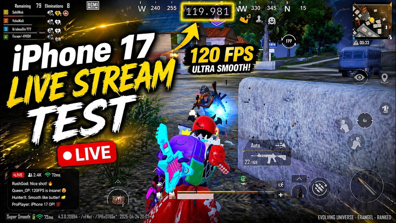 iPhone 17 BGMI Live Stream 120FPS Test | iPhone 17 120FPS Live FPS Meter Test