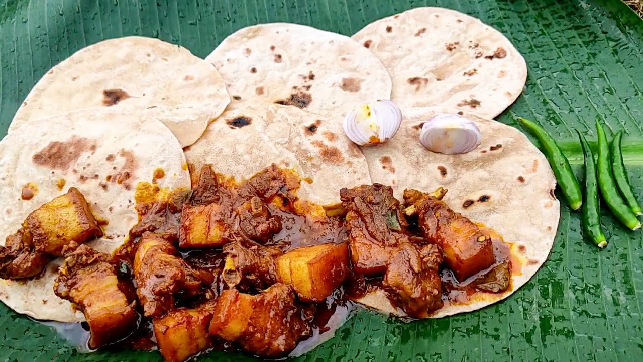 Pork Curry with Roti eating show | Pork cooking in village | Pork eating | pork recipe | PORK ROTI