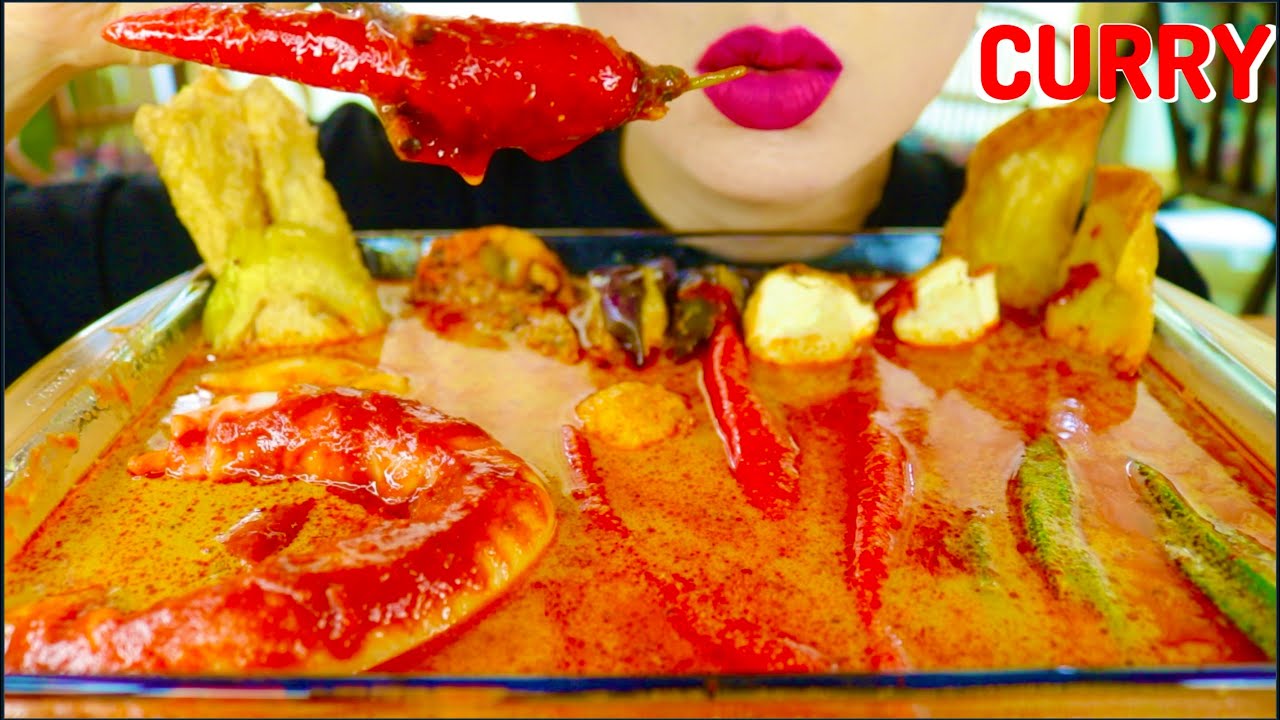 ASMR SPICY CURRY SOUP, THICK NOODLES, STUFFED VEGGIES, DUMPLINGS, TOFU, YONG TAU FU MALAYSIA 咀嚼音 먹방