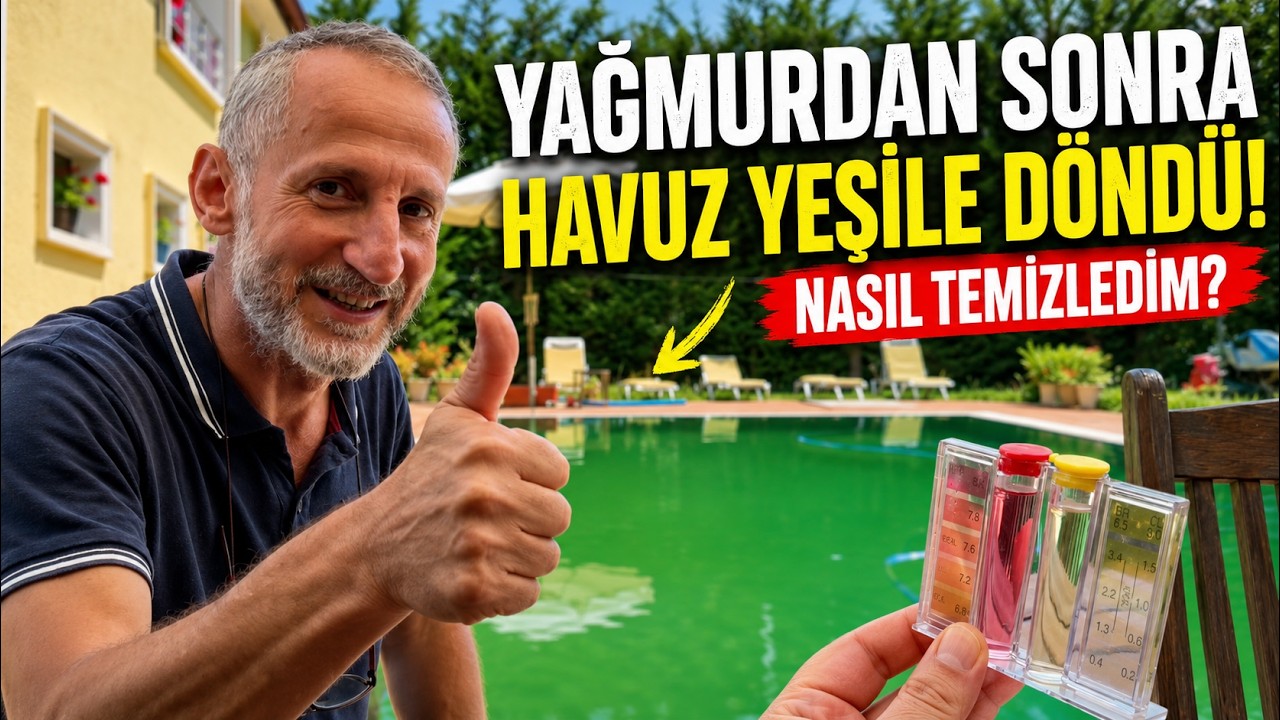 Şiddetli yağan yağmur suyuyla yeşillenen havuz temizliği, havuz bakımı ,ph ve klor ilavesi