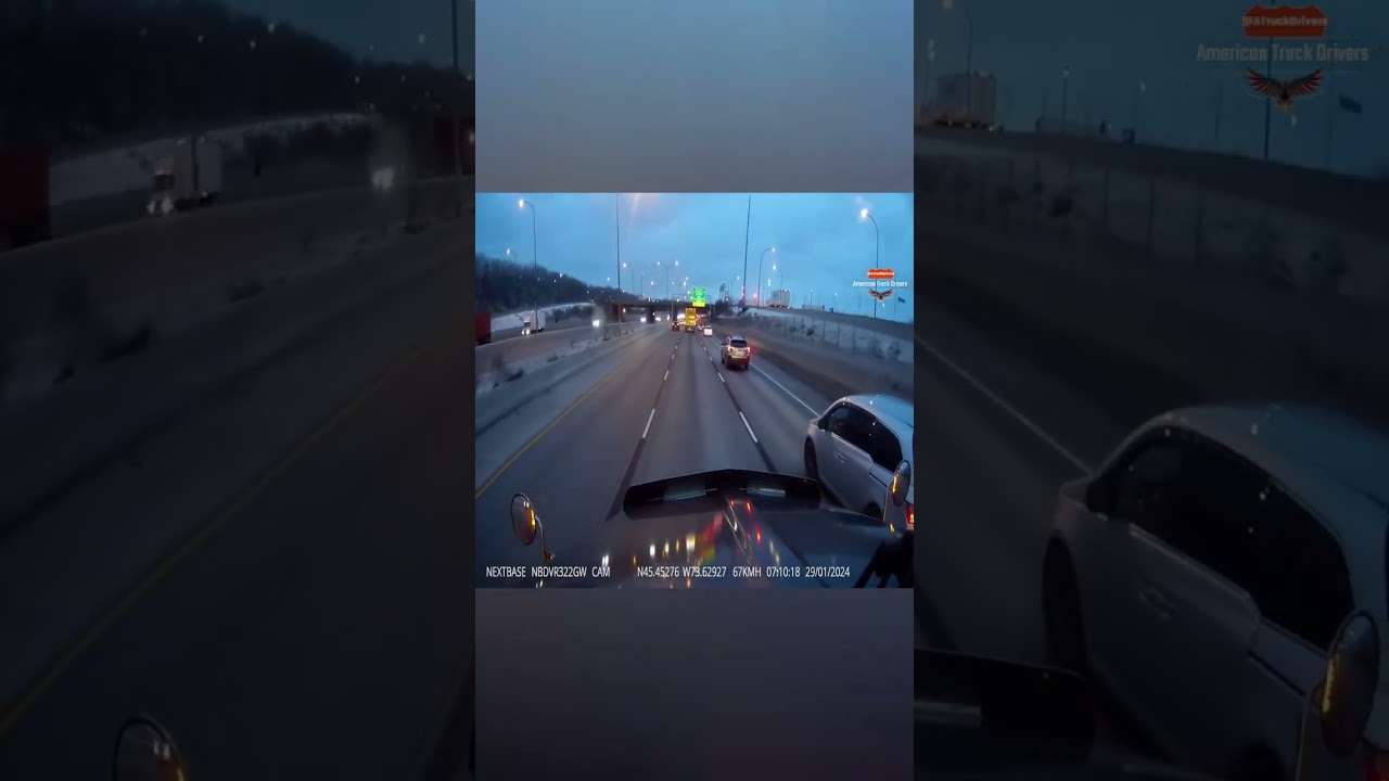 Truck Driver Fails to Maintain Lane in Montreal &mdash; Caught on Dashcam