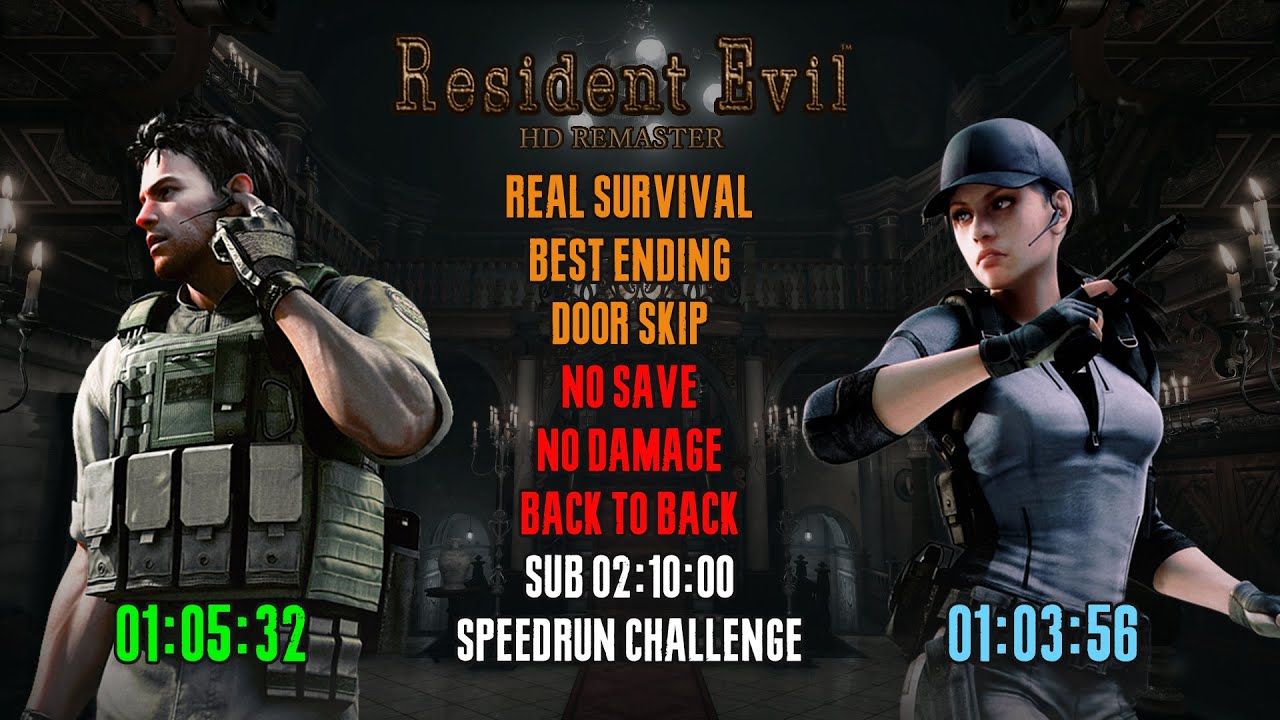 [Resident Evil HD Remaster] Chris/Jill, Back to Back, Real Survival, 100%, No Damage (IGT 02:09:28)