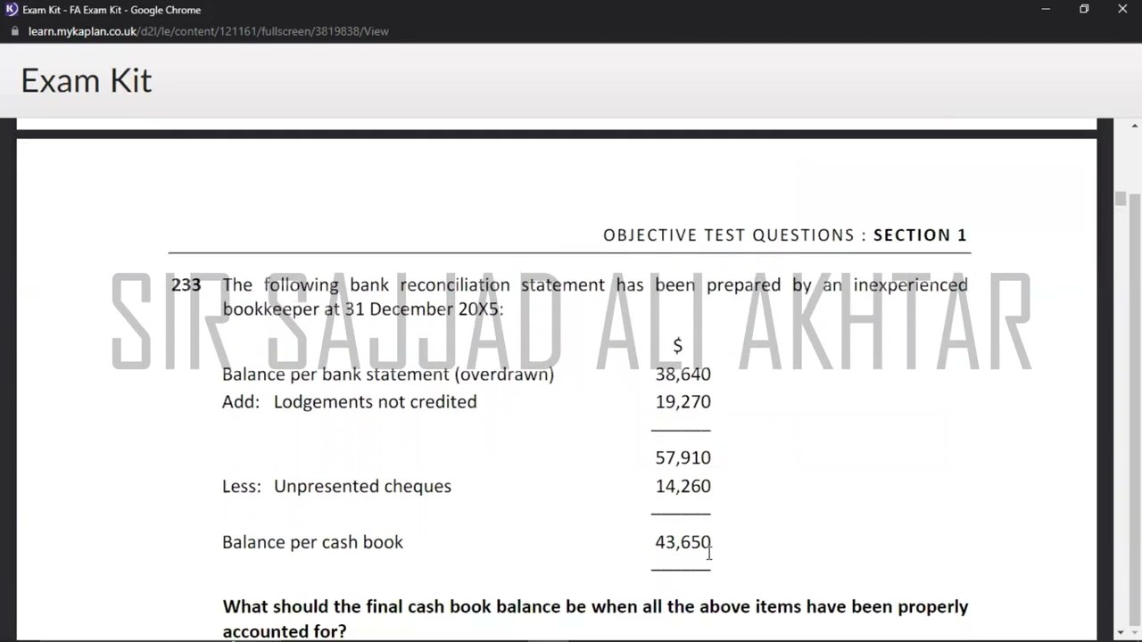 F3 - BANK RECONCILIATION STATEMENT - EXAM KIT - KAPLAN