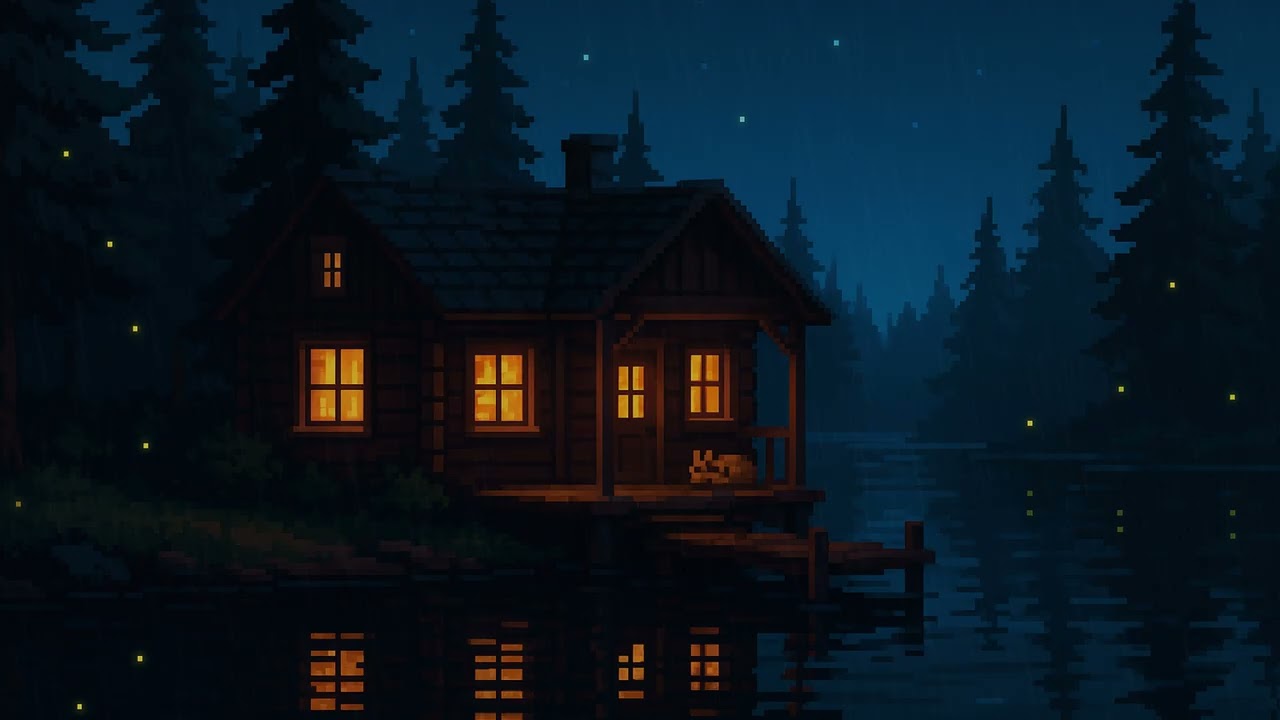 Cozy Lakeside Cabin Lofi Chillhop – Pixel Art Relaxing Dusk Vibes