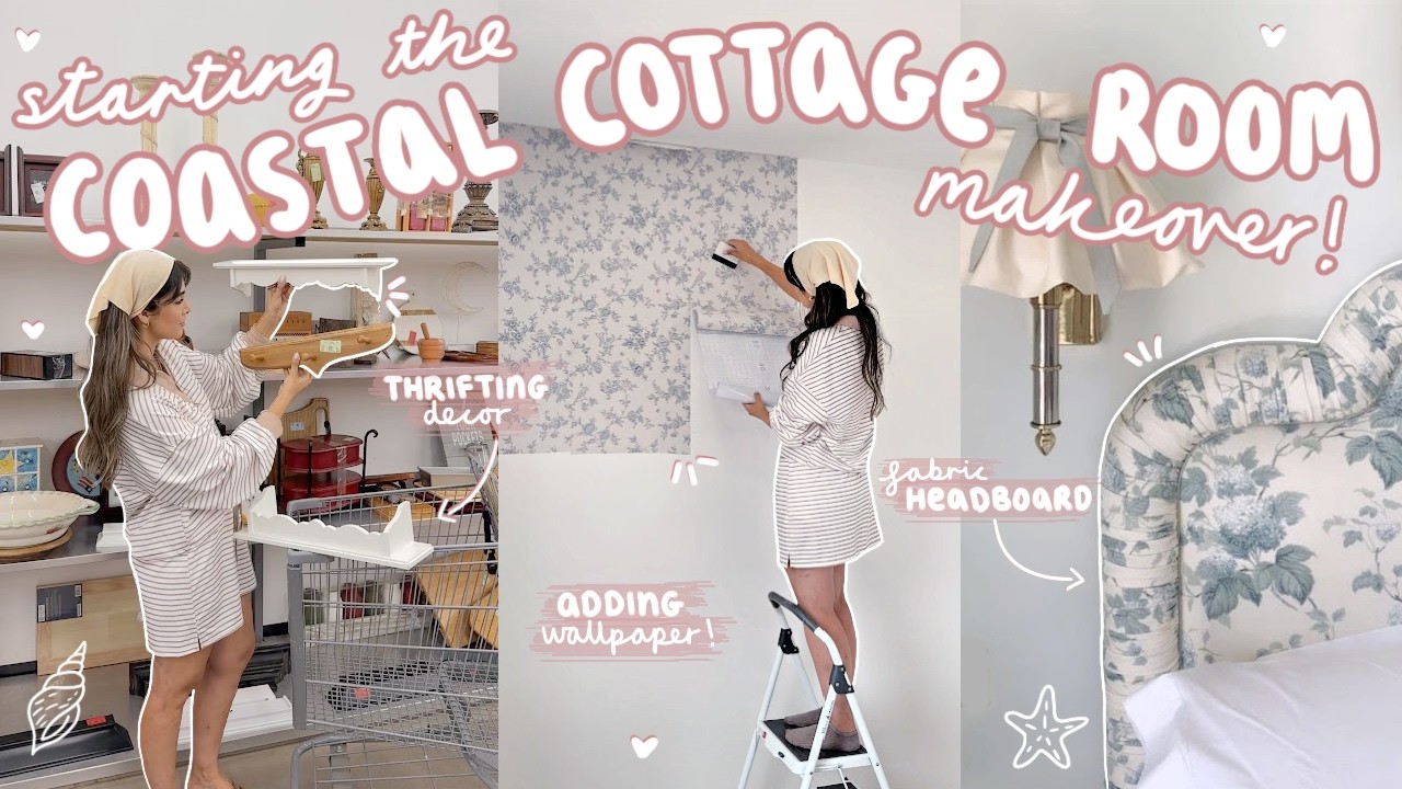 building a COASTAL COTTAGE bedroom! thrifting decor, wallpaper + furniture! 🧺 