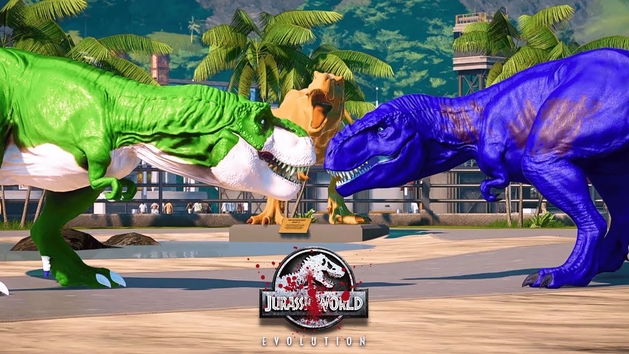 Green TREX, Blue Tarbosaurus Rex, Red Dracodentitan Dinosaurs Fight Jurassic World Evolution
