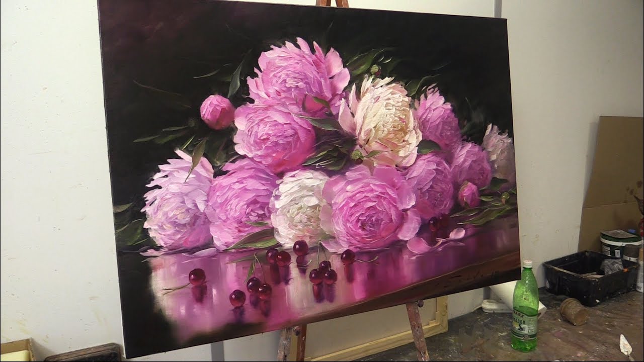 Пионы и вишня.  Масляная живопись. Peonies and cherries. Oil painting. Oleg Buiko