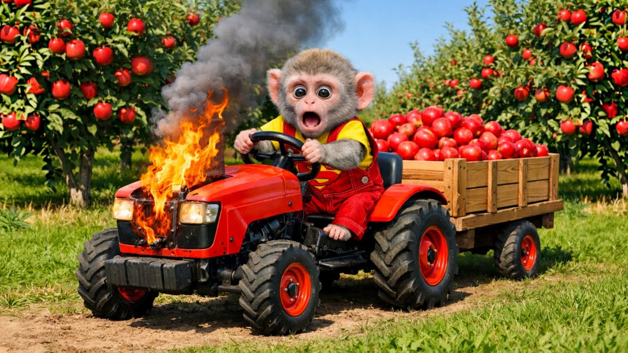 Monkey Farmer Driver Harvests Apples & Faces a Broken Tractor!- Monkey farm | MuMu Monkey Adventure.