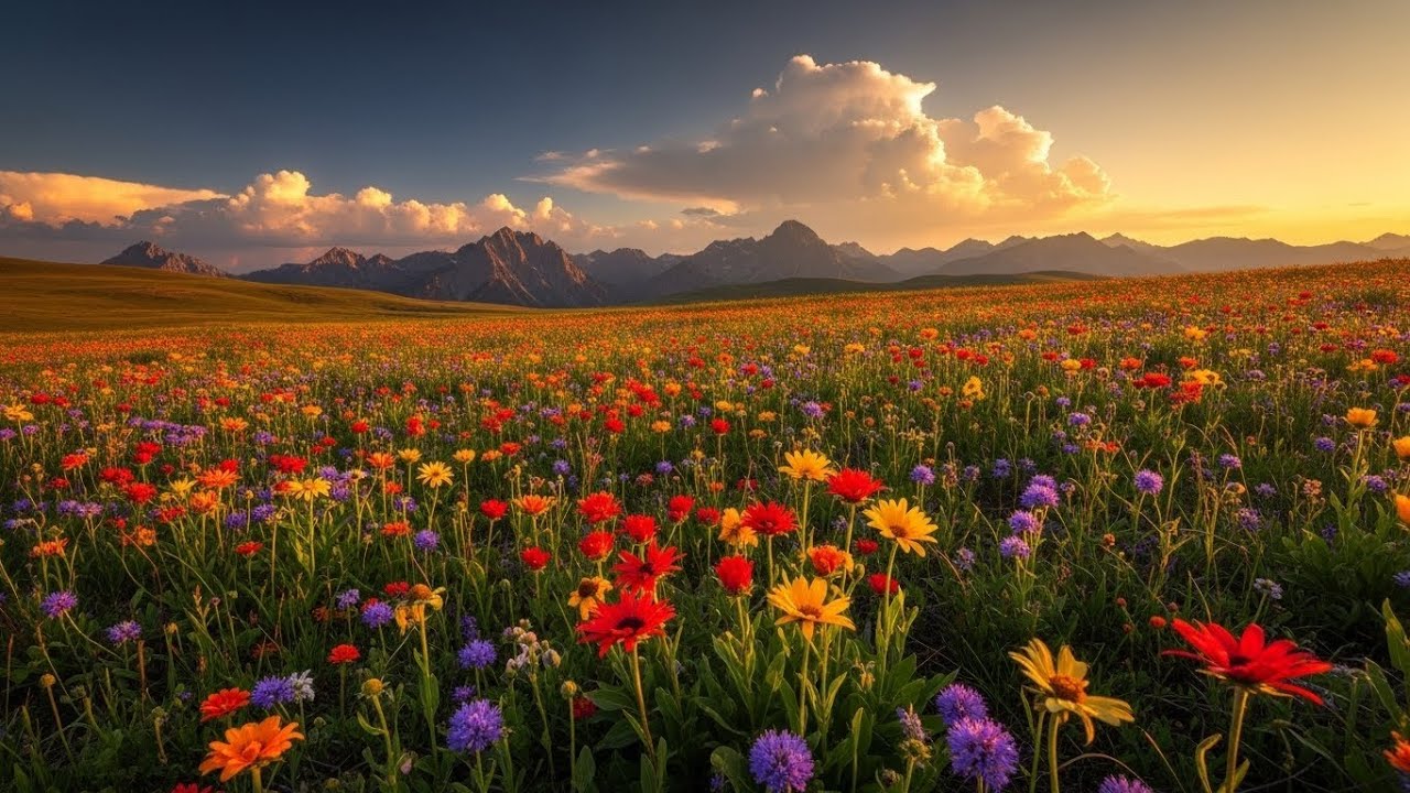 Calming Mountain Valley with Golden Wildflowers | 1 Hour Sleep Music 💤