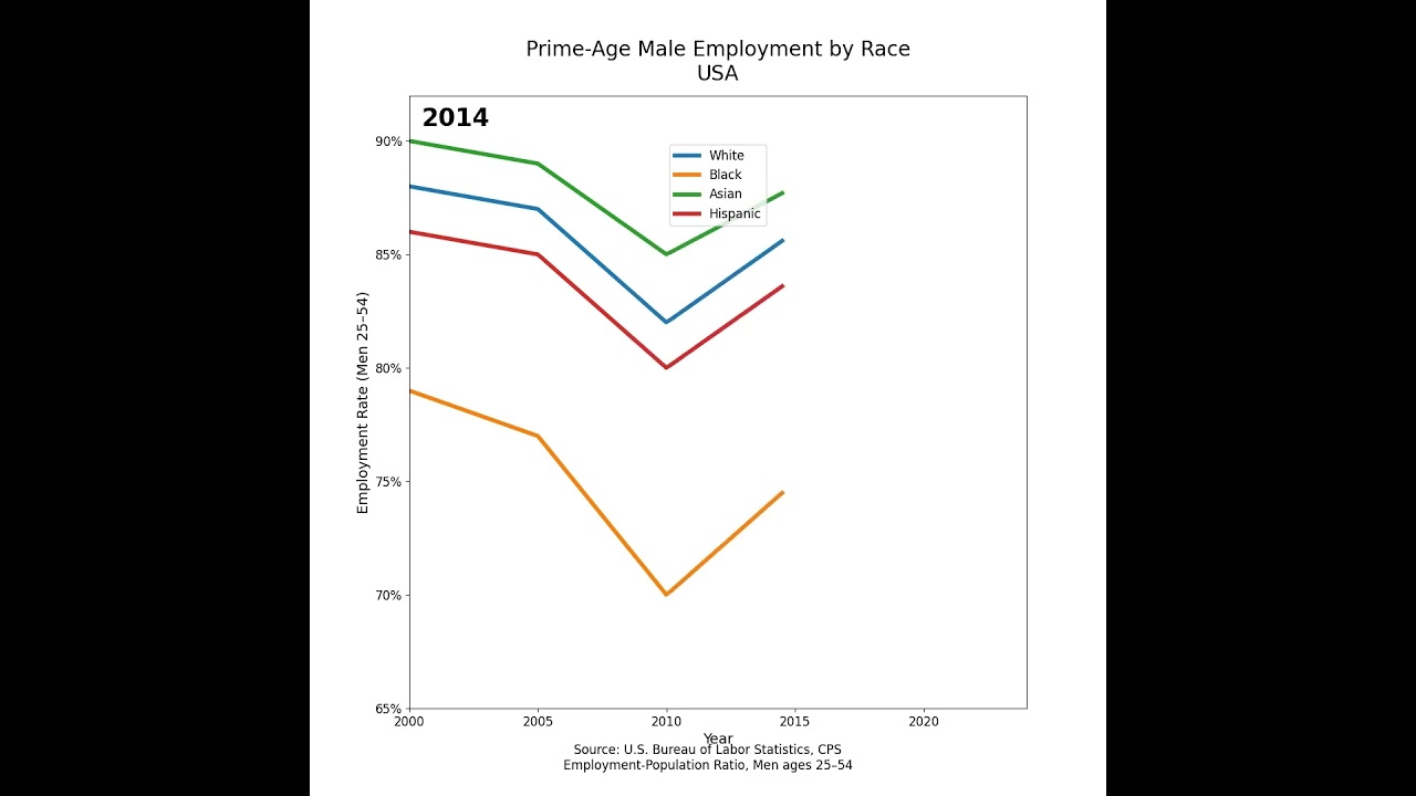 Male employment rate in the US broken down by demographic.       