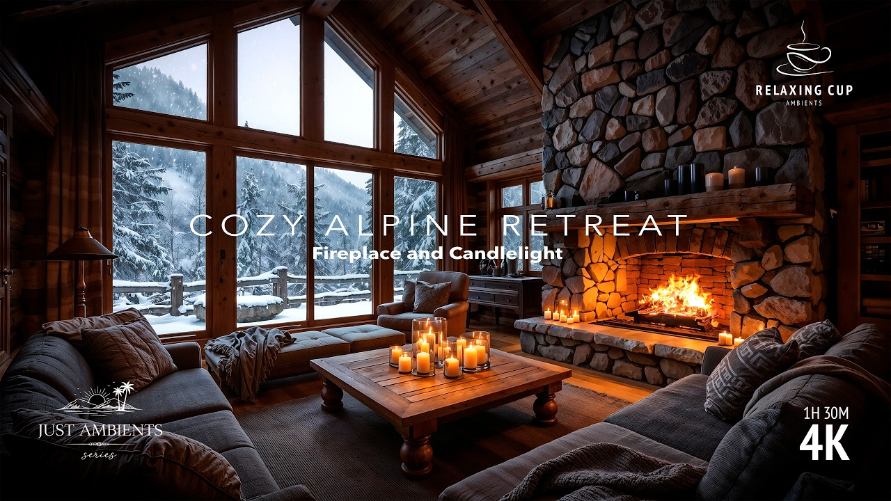 Snowy Winter Cozy Cabin Fireplace - Crackling Fire Sounds for Study, Sleep & Relax (No Music)