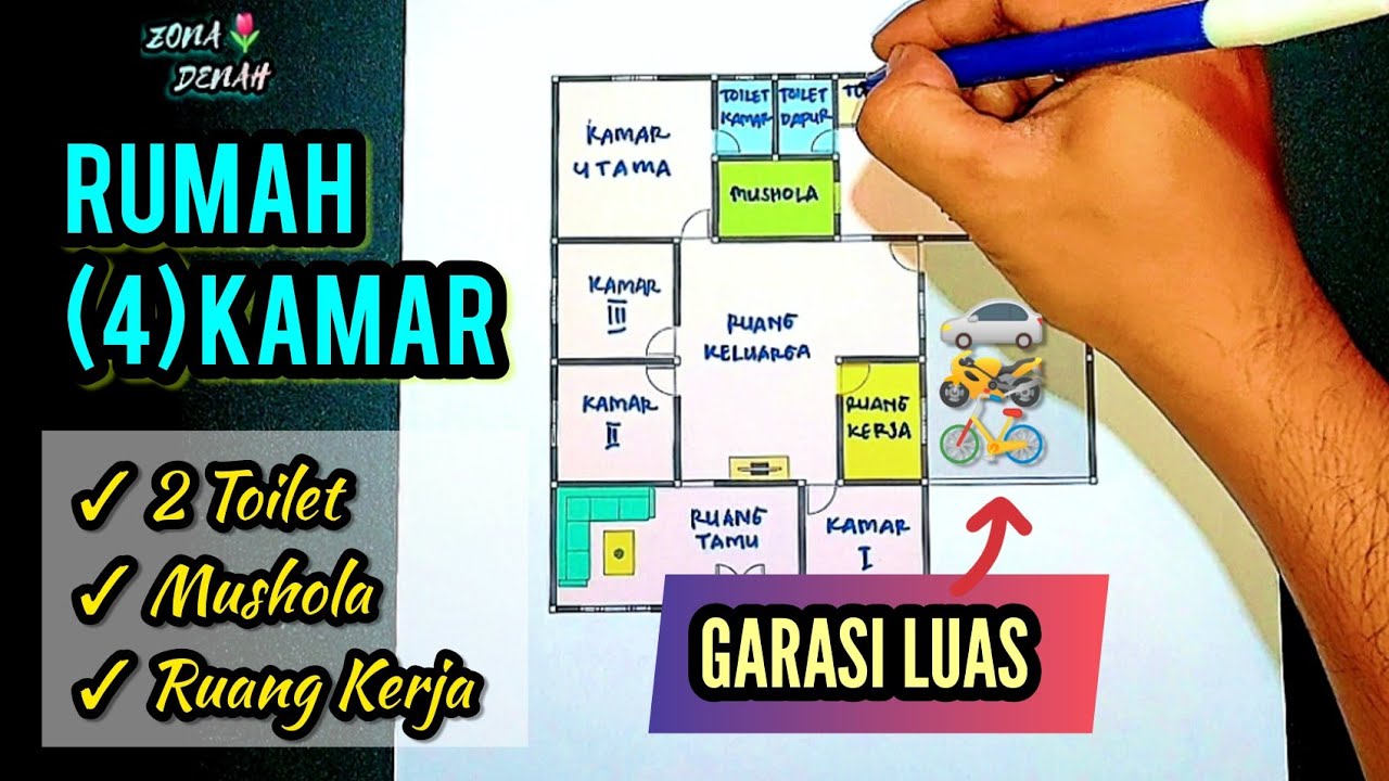 Denah Rumah Ukuran 13x14,5 Meter ( 4 Kamar + Ruang Kerja + Garasi )