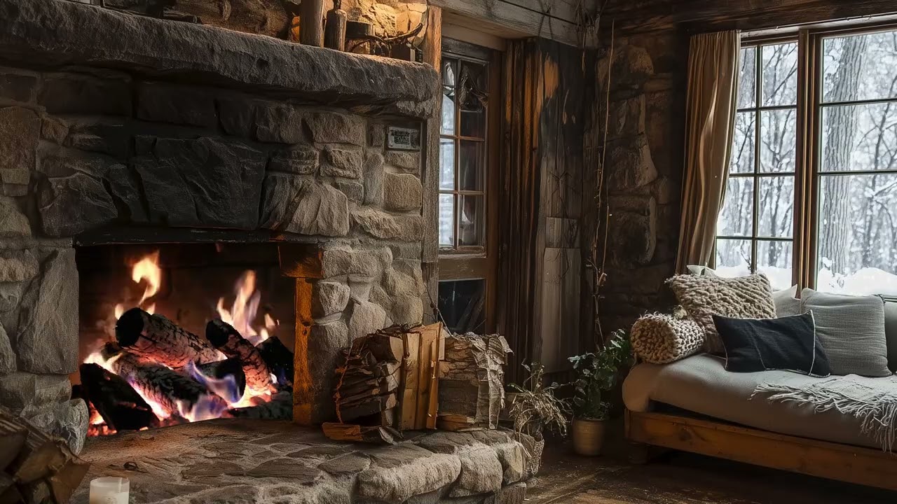 Cozy Winter Fireplace Lounge | Crackling Fire & Falling Snow (3 Hours) | Deep Sleep Relax