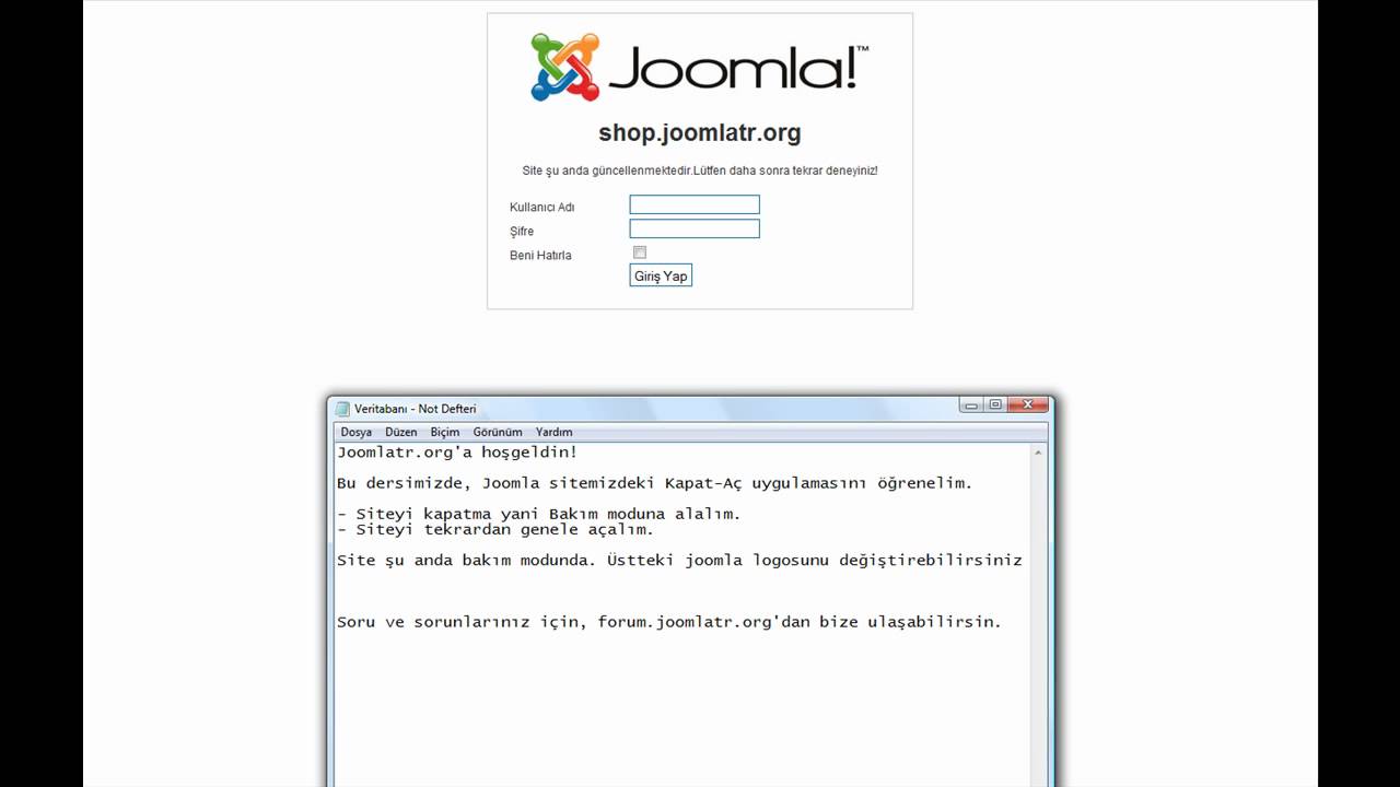 Joomla! Site &Ccedil;evrimdışı & &Ccedil;evrimi&ccedil;i Ayarları