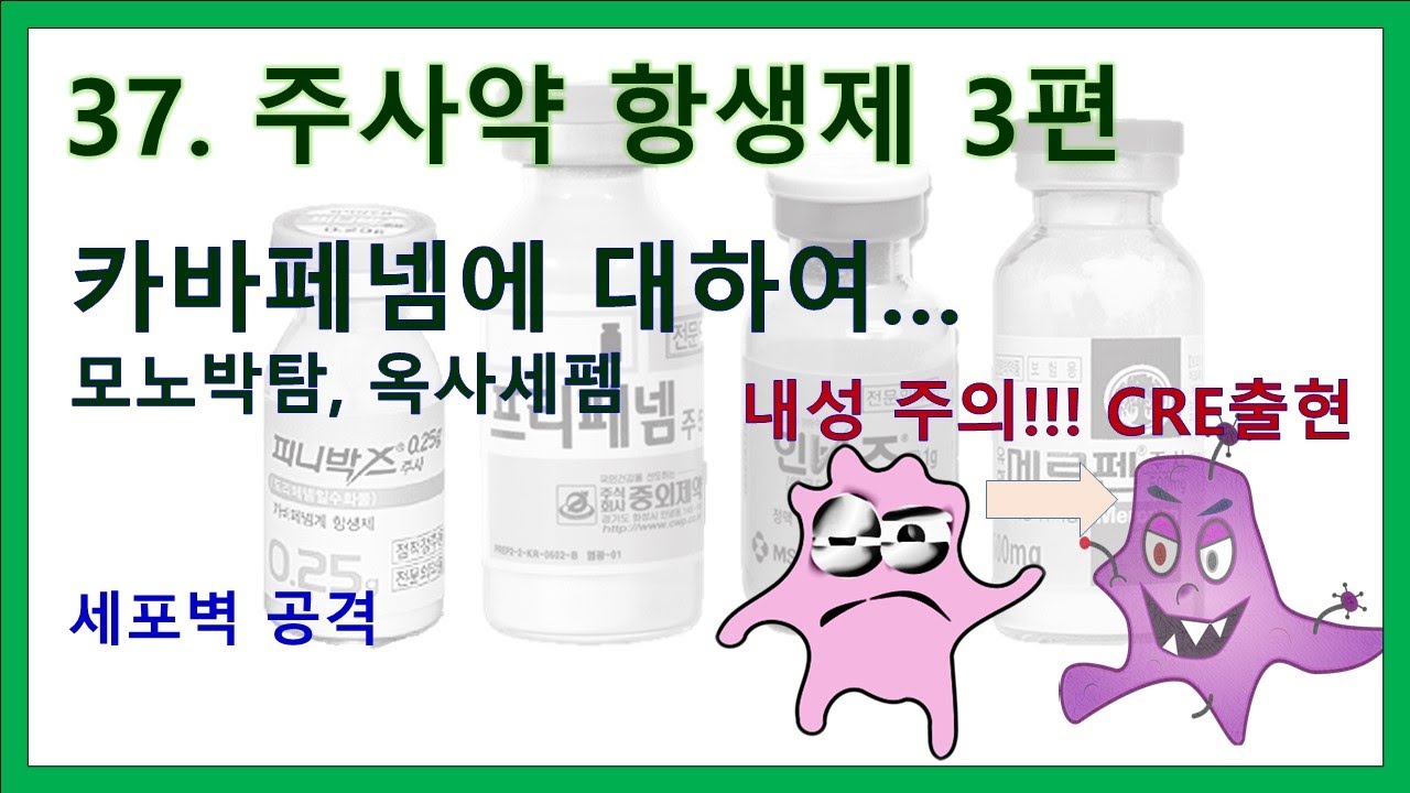 37. 주사약 항생제 3편 -  카바페넴, 모노박탐, 옥사세펨. 항생제 내성. CRE.