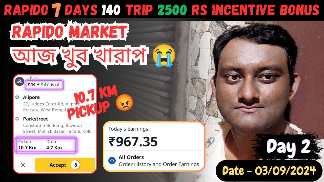 10.7 KM Long Pickup 😡 // Rapido 7 Days 140 Trip 2500 Rs Incentive Challenge // Day 2