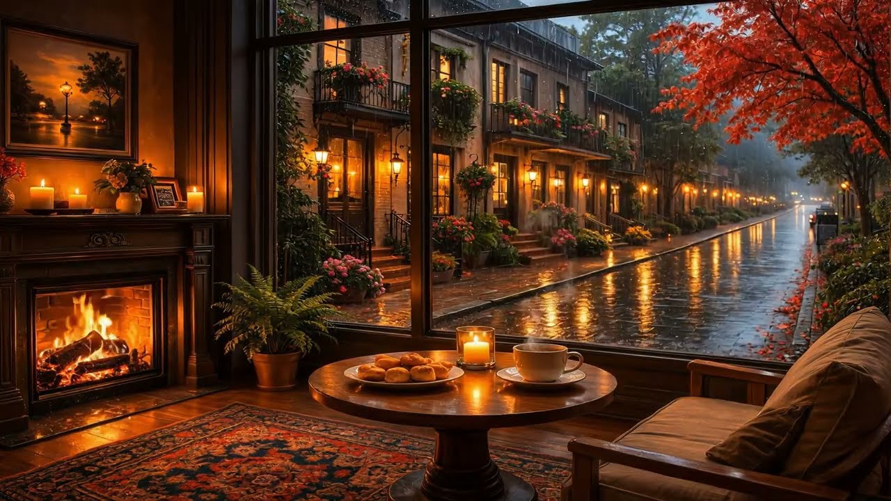 Rain on Window & Fireplace ☕ Cozy Rainy Cafe Ambience for Study, Focus, Sleep & Relax (3 Hours)