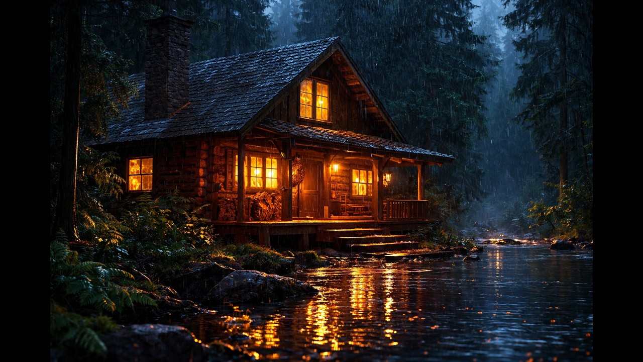 Rainy Forest Cabin at Night 🌧️ Cozy River & Rain Sounds for Deep Sleep (2 Hours)