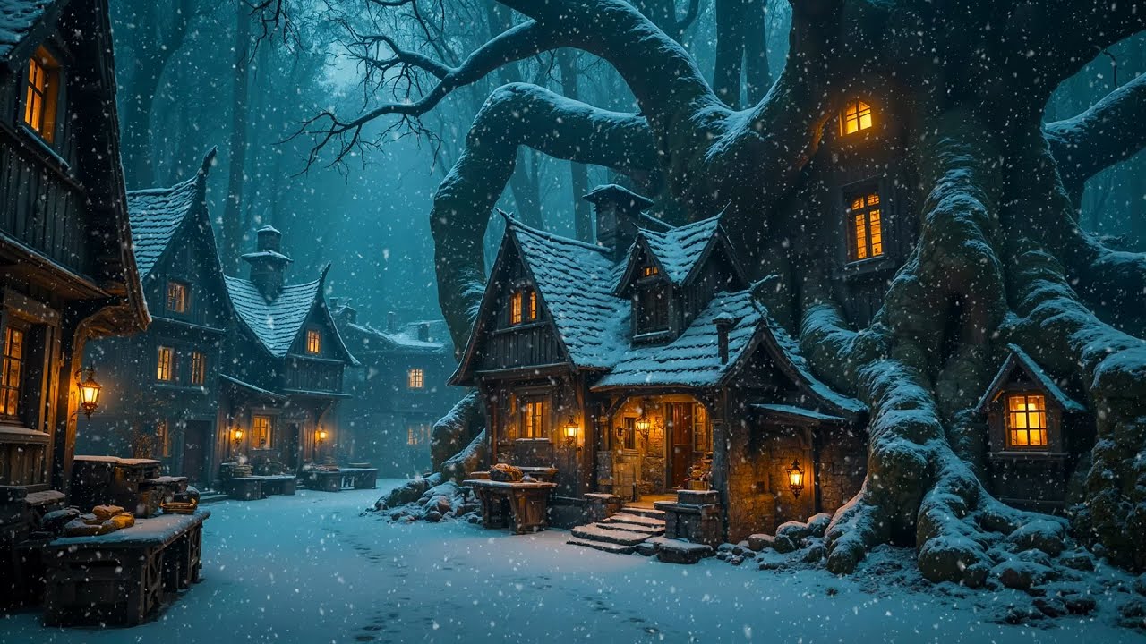 Hidden Winter Village Beneath Ancient Trees | Dark Academia Night Ambience for Calm & Study.