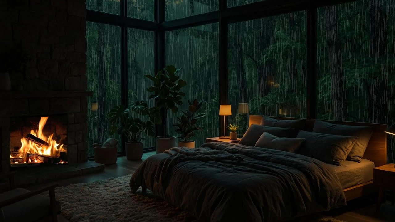 Heavy Rain Outside, Fireplace Inside | Cozy Bedroom Sleep Ambience