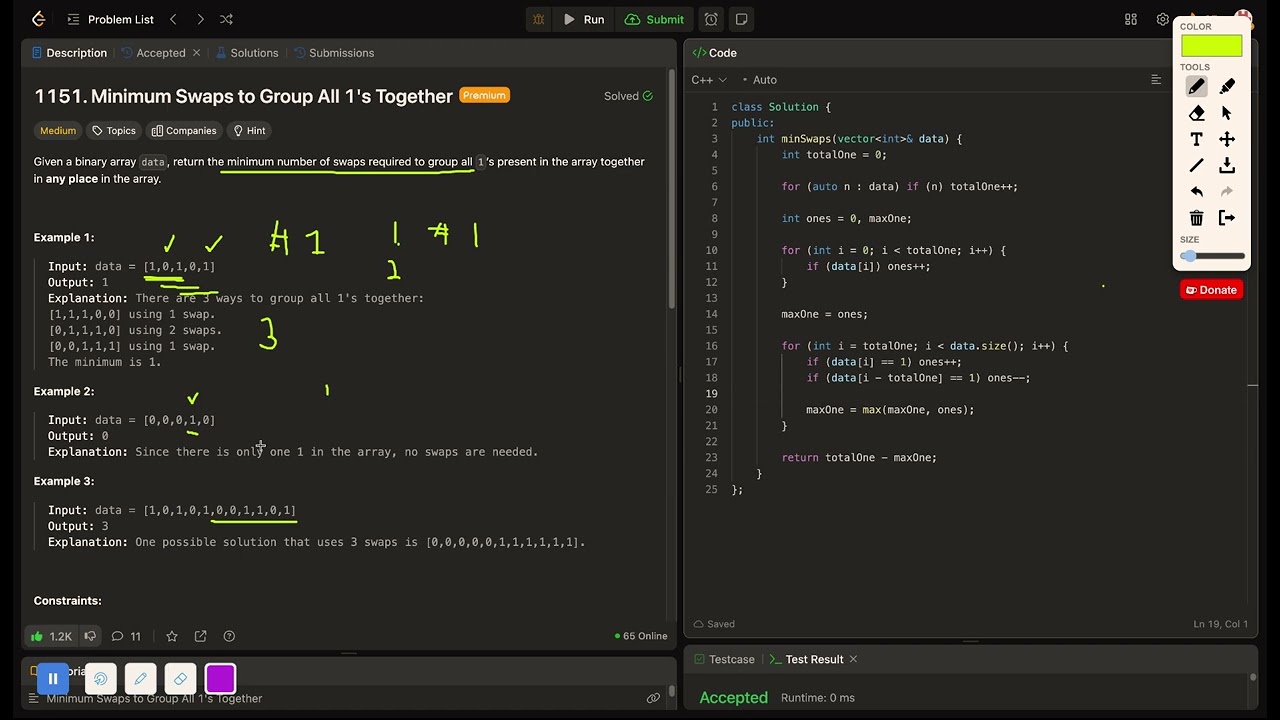 1151  Minimum Swaps to Group All 1's Together