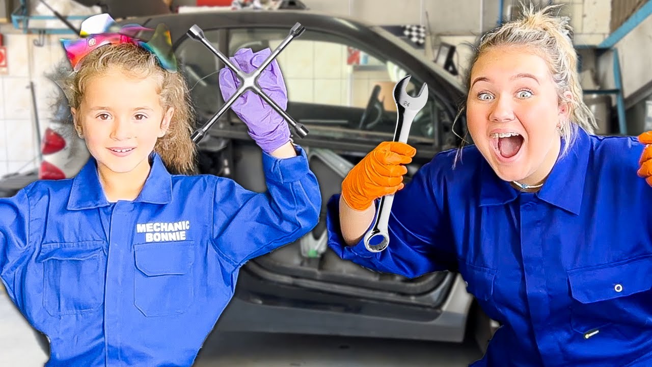 Ruby and Bonnie play motor mechanic and repair the car with tools
