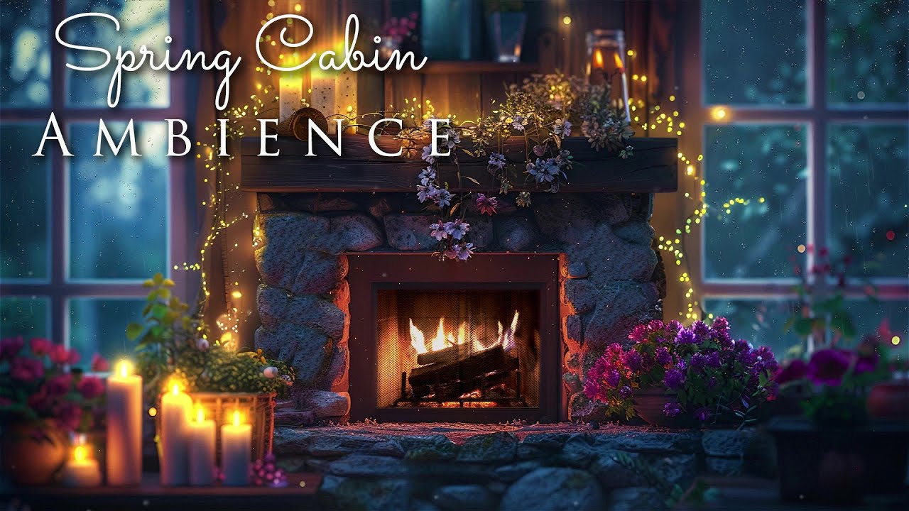 Spring Fireplace and Rain Ambience ☔️🔥 Fire Crackling Sounds and Rain for Relaxing