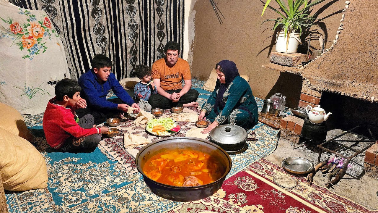 Rural life of an Iranian family: cooking meat food in a traditional and rural style. #rurallife
