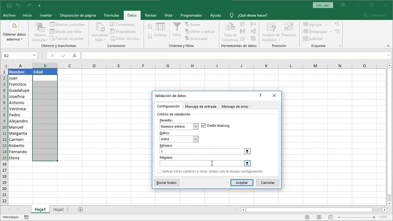 Validaci&oacute;n de datos en Excel