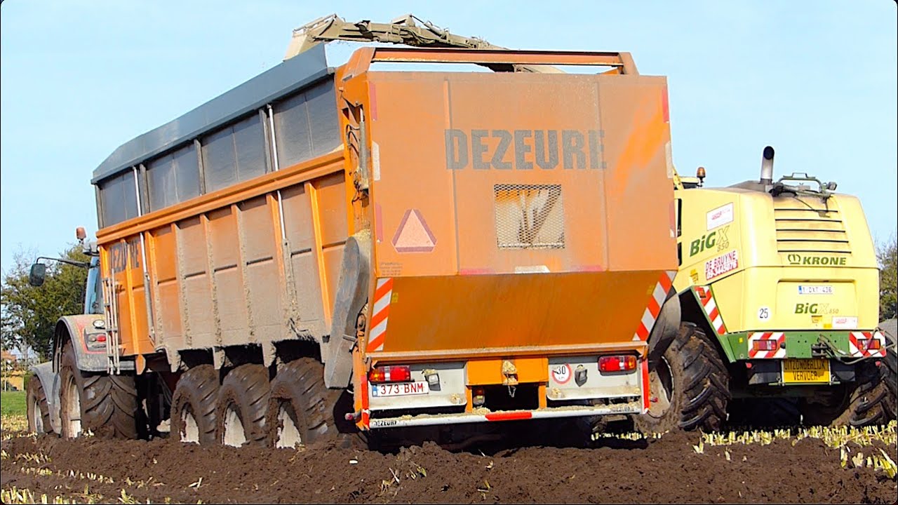 Belgian Mud Wrestling in Maize | Krone BiG X 850 on Tracks | Dezeure Trailers w/ Drive Axles
