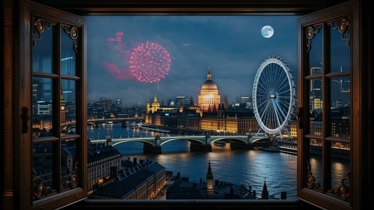 Gold Framed Vintage Window | Enchanting Night View of London with Timeless Elegance