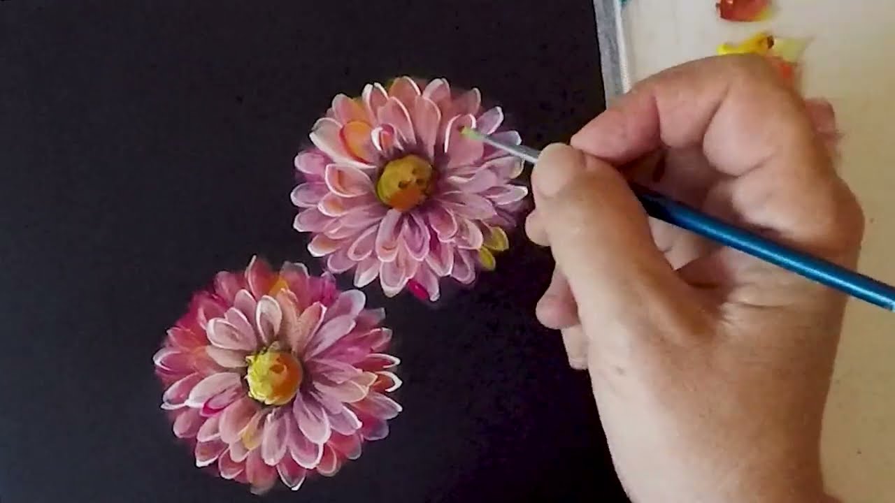 Dipingere le dalie sulla carta nera. How to paint dahlias