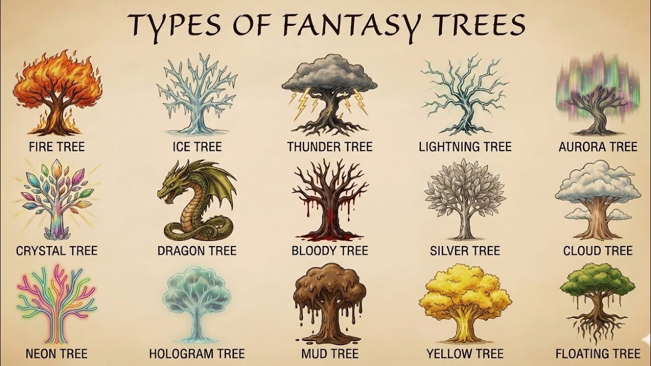 15 Types of Fantasy Trees – Fire, Ice, Thunder, Dragon & Magical Trees | Ultra HD Fantasy Art Poster