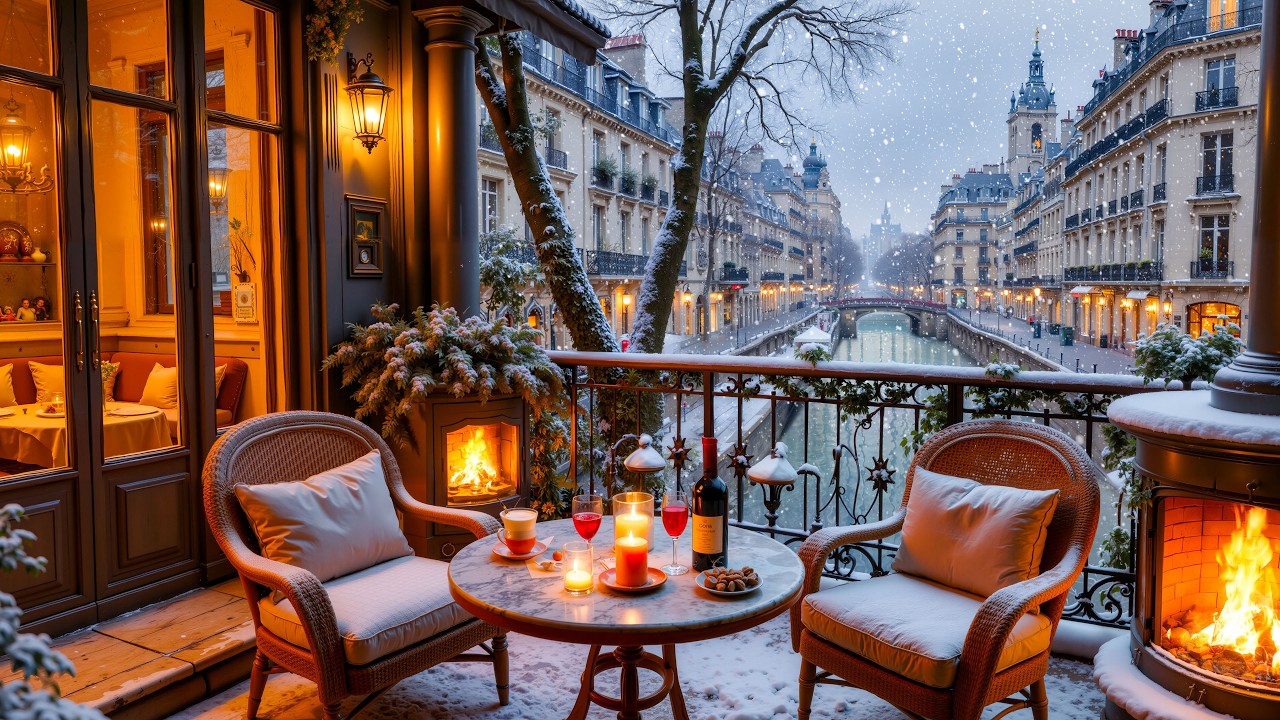 ❄️ Snowy Paris Balcony Jazz ☕ Cozy Fireplace & Romantic Winter Canal Ambience for Sleep & Relaxation