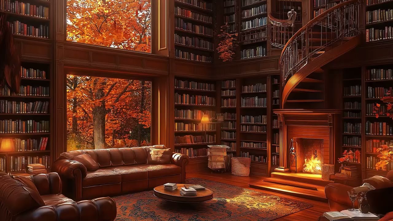 Day 4: Fall Library Ambience | Relaxing Fireplace, Gentle Rain & Autumn Aesthetic Countdown