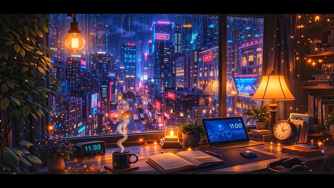 Relaxing Lofi Beats 90's Vibes Cozy Apartment Overlooking City in the Rain Night Homework Ambience