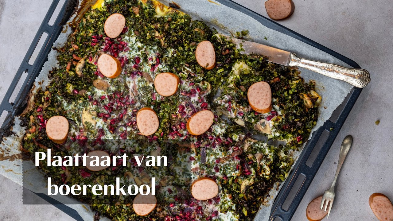 Plaattaart van boerenkool en kastanjechampignons