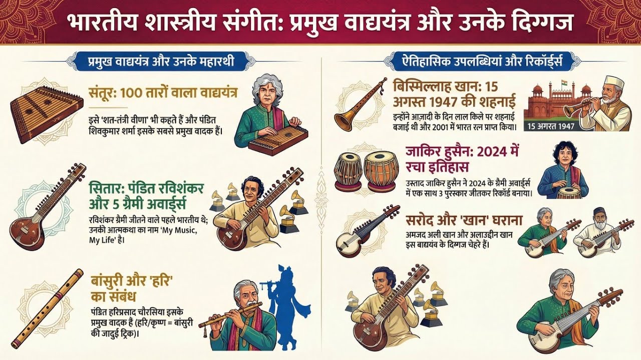 वाद्ययंत्र और वादक (Musical Instruments & Maestros) | Ravi Shankar, Zakir Hussain | Top 50 MCQs
