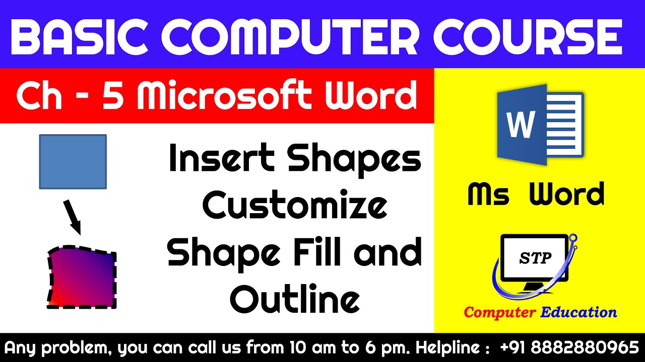 Ms Word Chapter - 5 Insert Shapes Customize Shape Fill  Complete Basic Computer Course in Hindi