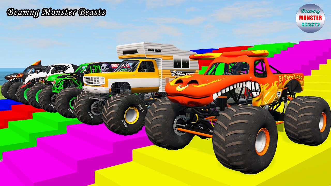 Monster Truck Transport on Triple Flatbed Trailer – BeamNG Monster Beasts #236