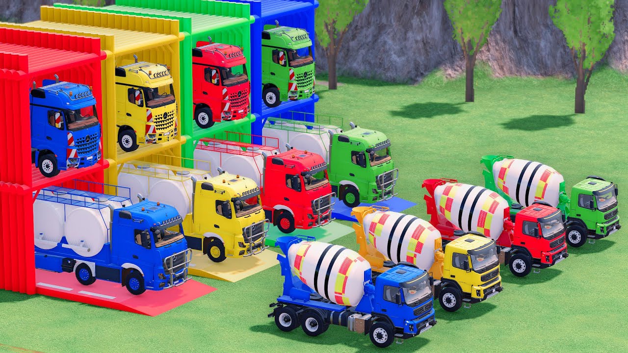 Trucks With COLORS - VOLVO MIXER TRUCK and MERCEDES WATER TRUCK with MERCEDES FLATBED TRAILER TRUCK