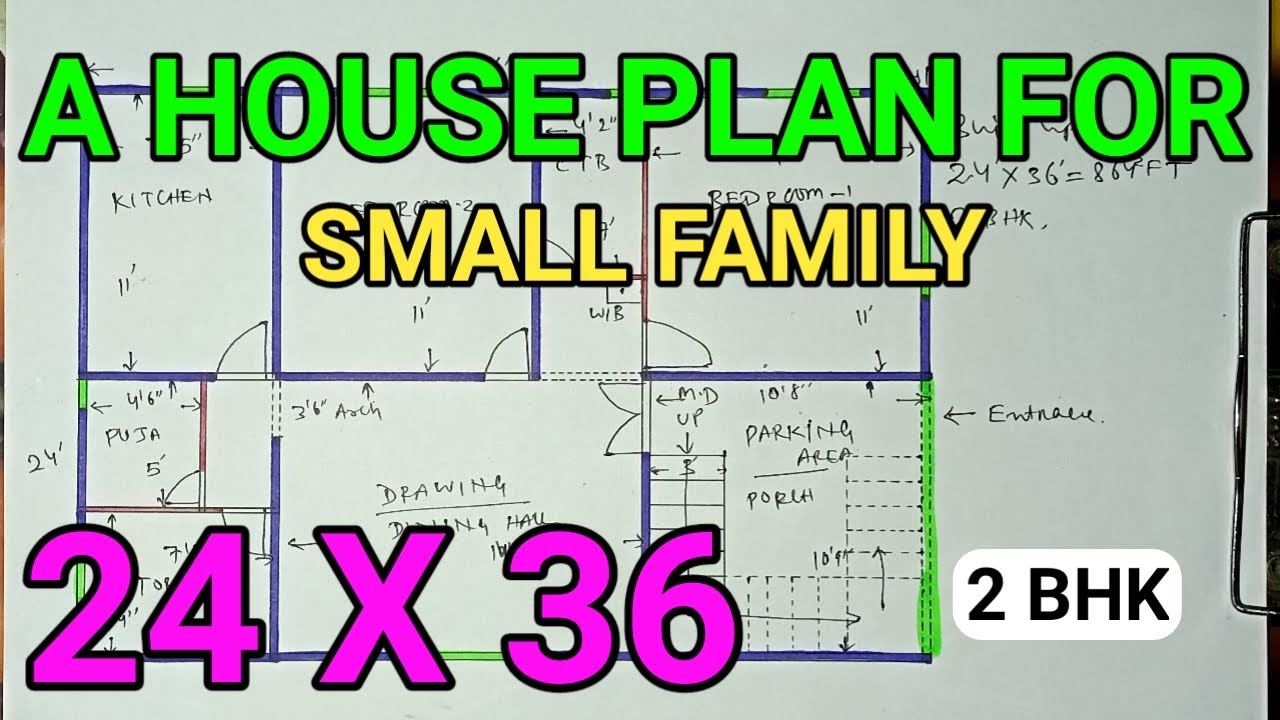 2 bhk house plan with pooja room | 24 x 36 sqft house plan