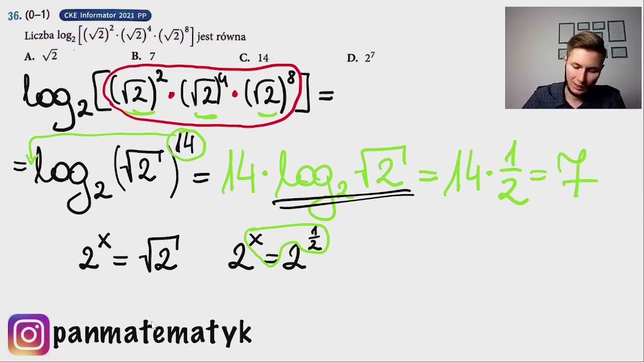 Liczba log2 [(pierwiastek z 2)^2 * (pierwiastek z 2)^4 * (pierwiastek z 2)^8] jest równa