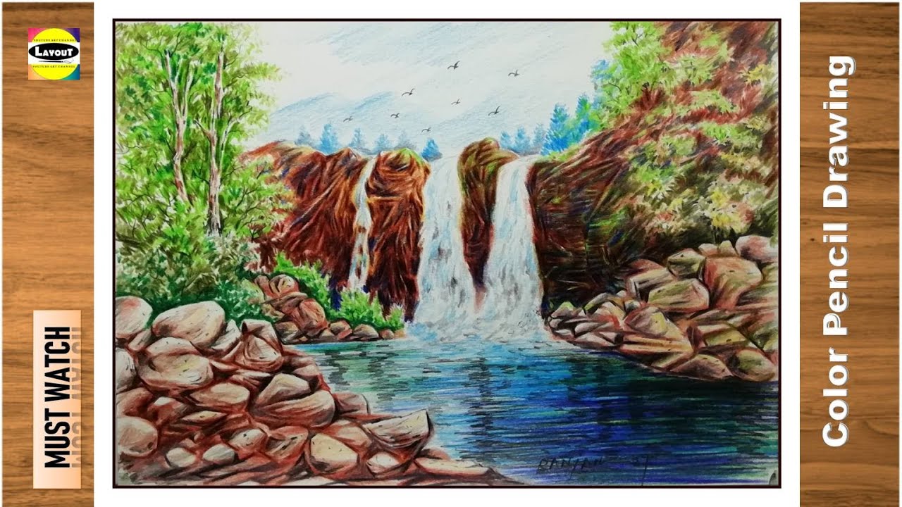 Color pencil drawing / waterfall scenery drawing / How to draw hill landscape drawing step-by-step