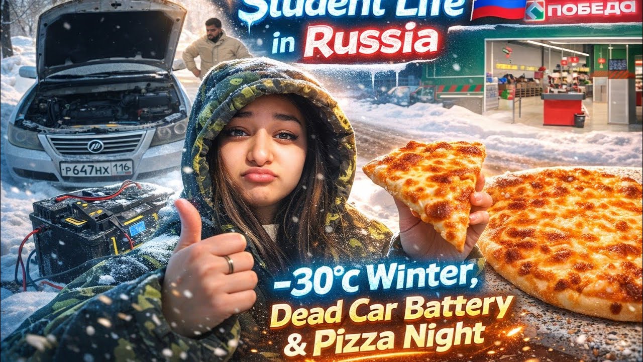 Car Battery Froze at -30°C 😱 | A Crazy Day in Russia 🇷🇺 extreme weather, made pizza,student life