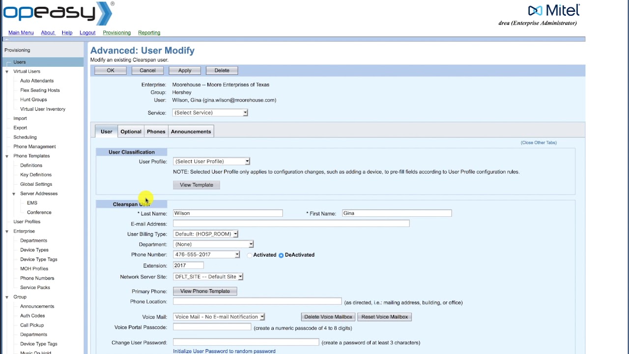 Mitel OpEasy v. 9:Changing a User's Password or Passcode